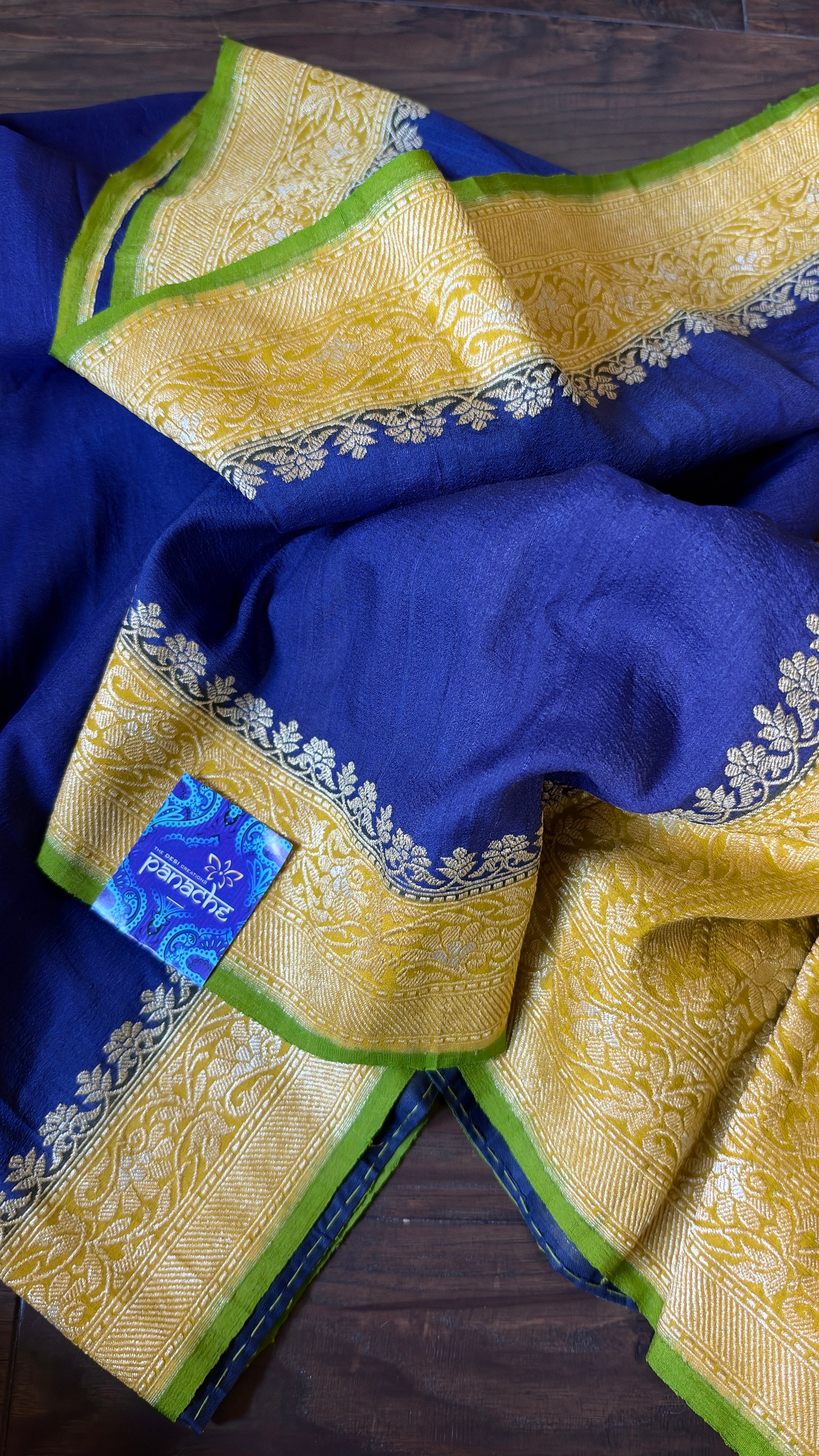 Tussar Georgette Banarasi- Navy Blue Ochre Yellow