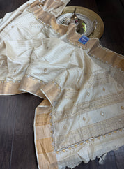 Designer Tussar Silk Zardozi - Beige Golden Purple Green Embroidered