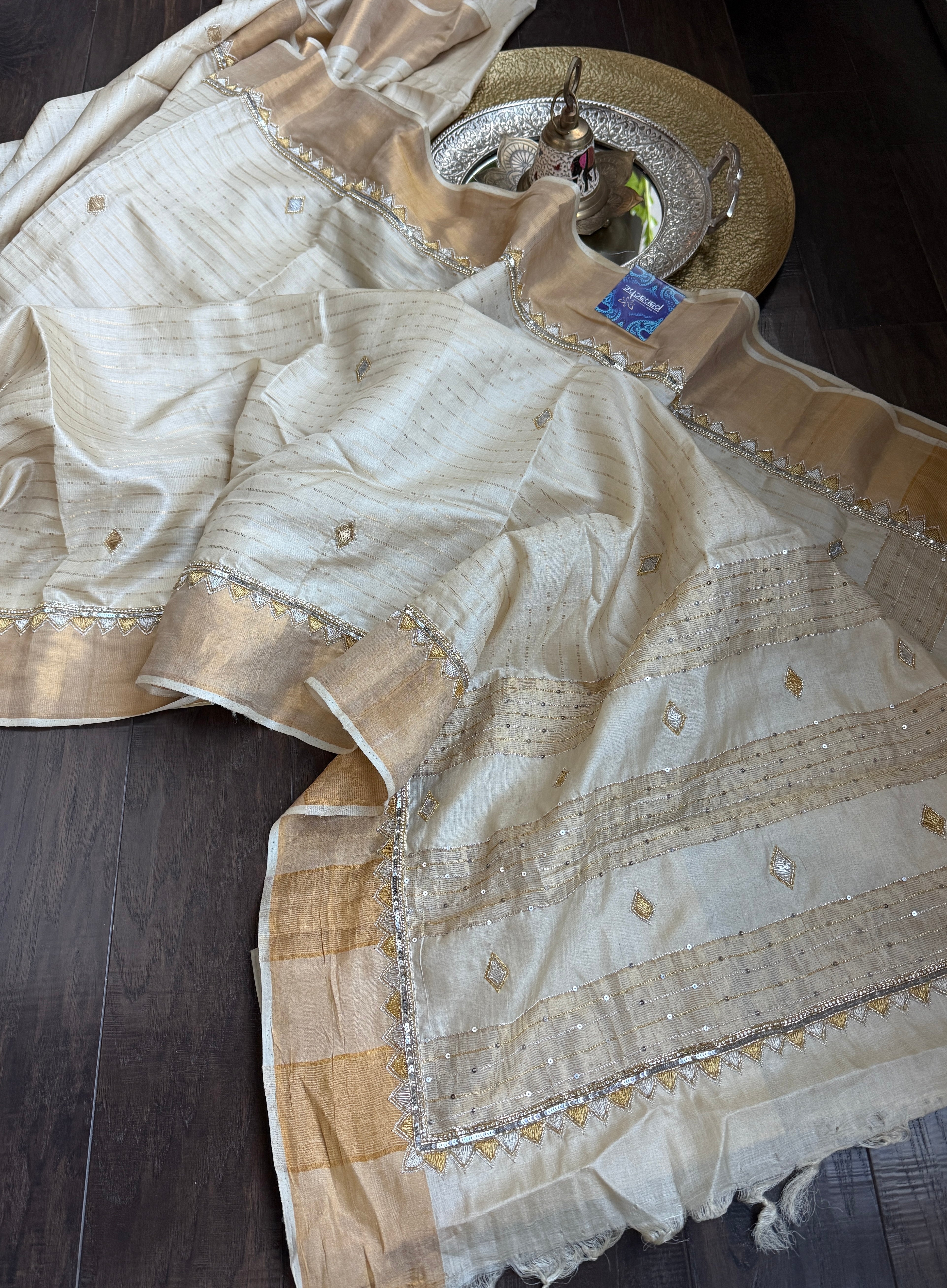 Designer Tussar Silk Zardozi - Beige Golden Purple Green Embroidered