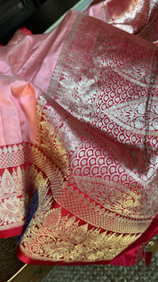 Pure Silk Katan Banarasi- Peach Red Kadhua