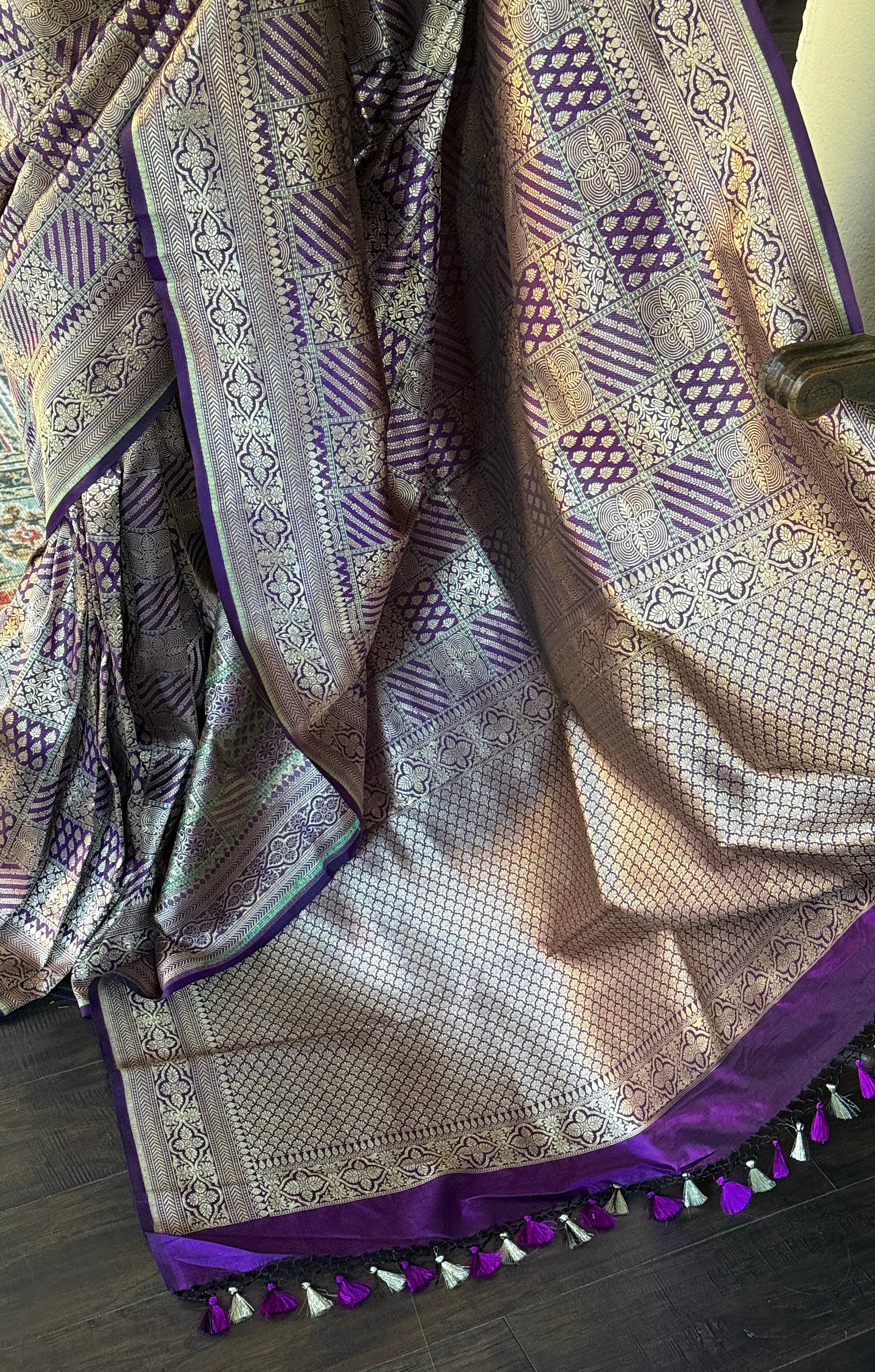 Pure Silk Katan Banarasi- Purple Antique Gold Zari