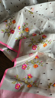 Designer Organza Tissue - Silver Grey Pink Embroidered