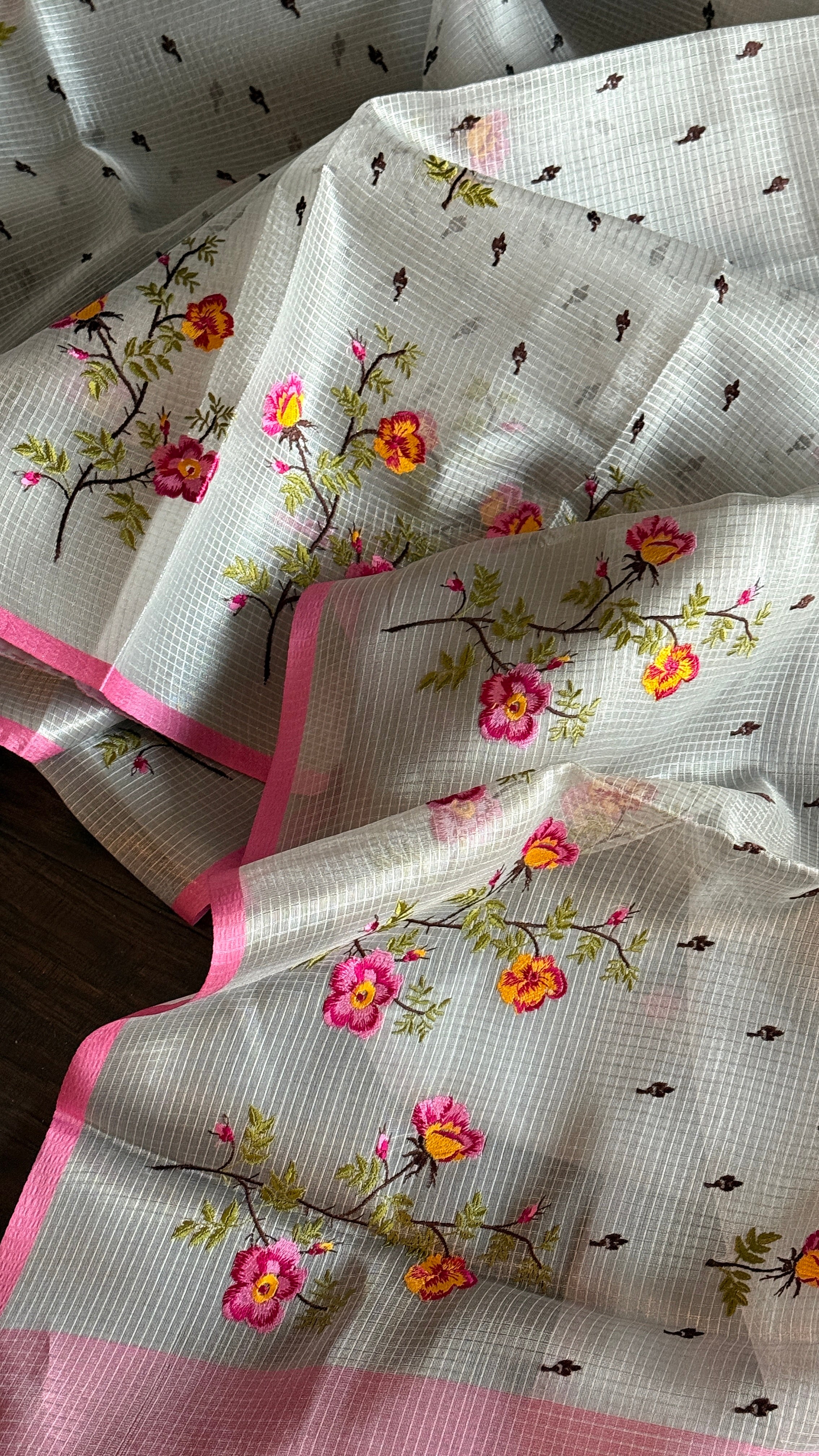 Designer Organza Tissue - Silver Grey Pink Embroidered