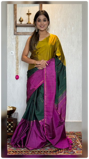 Pure Silk Mubbagam Kanjivaram - Golden Yellow Magenta Green Woven