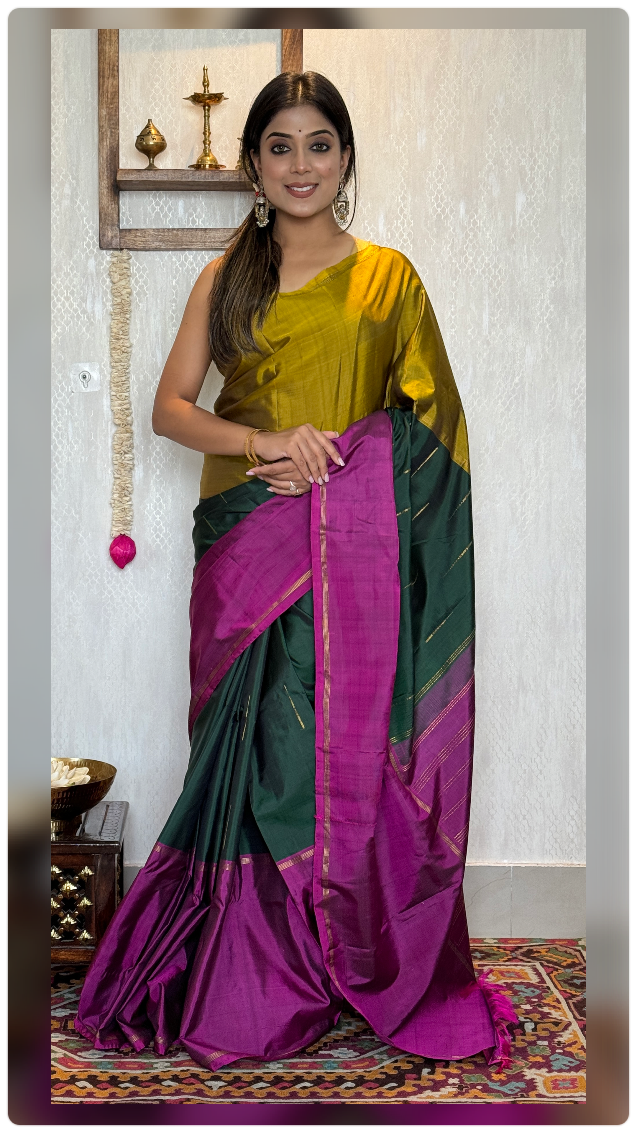 Pure Silk Mubbagam Kanjivaram - Golden Yellow Magenta Green Woven