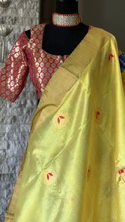 Pure Chanderi Silk - Yellow Red Eknaliya Woven