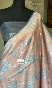 Khaddi Tussar Banarasi -  Peach Pink Grey Tilfi Antique Zari