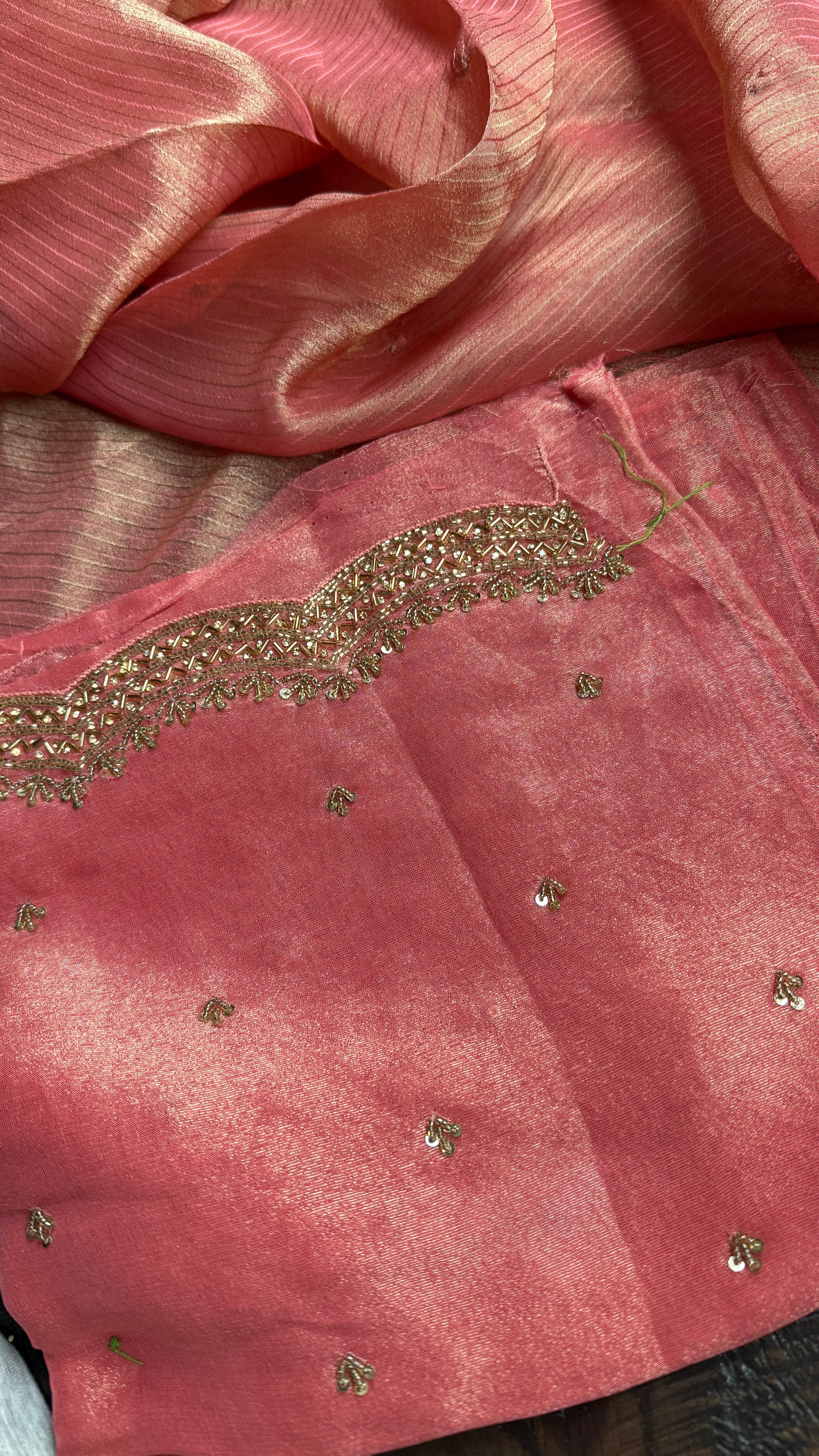 Designer Georgette Organza - Peach Pink Dual Shaded Scalloped Border
