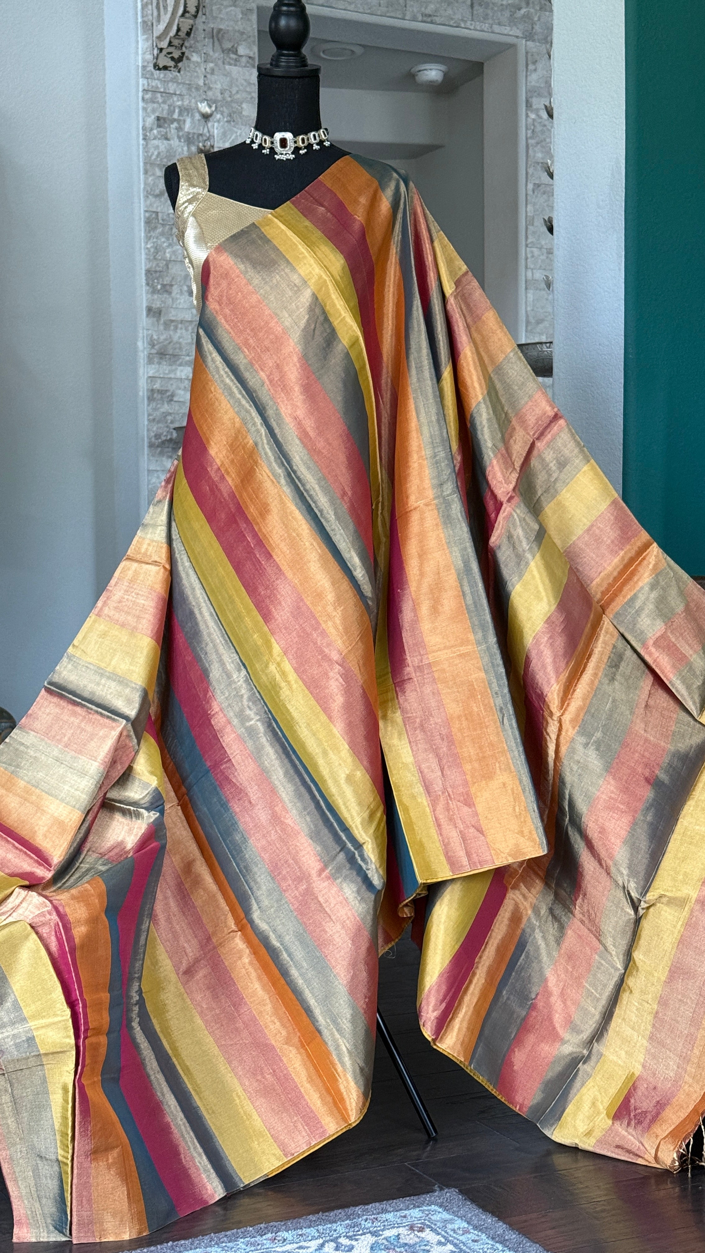 Chanderi Tissue Silk - Multi Color woven Rangkat
