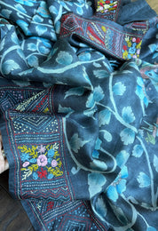 Tussar Silk Pen Kalamkari - Grey Hand Embroidered