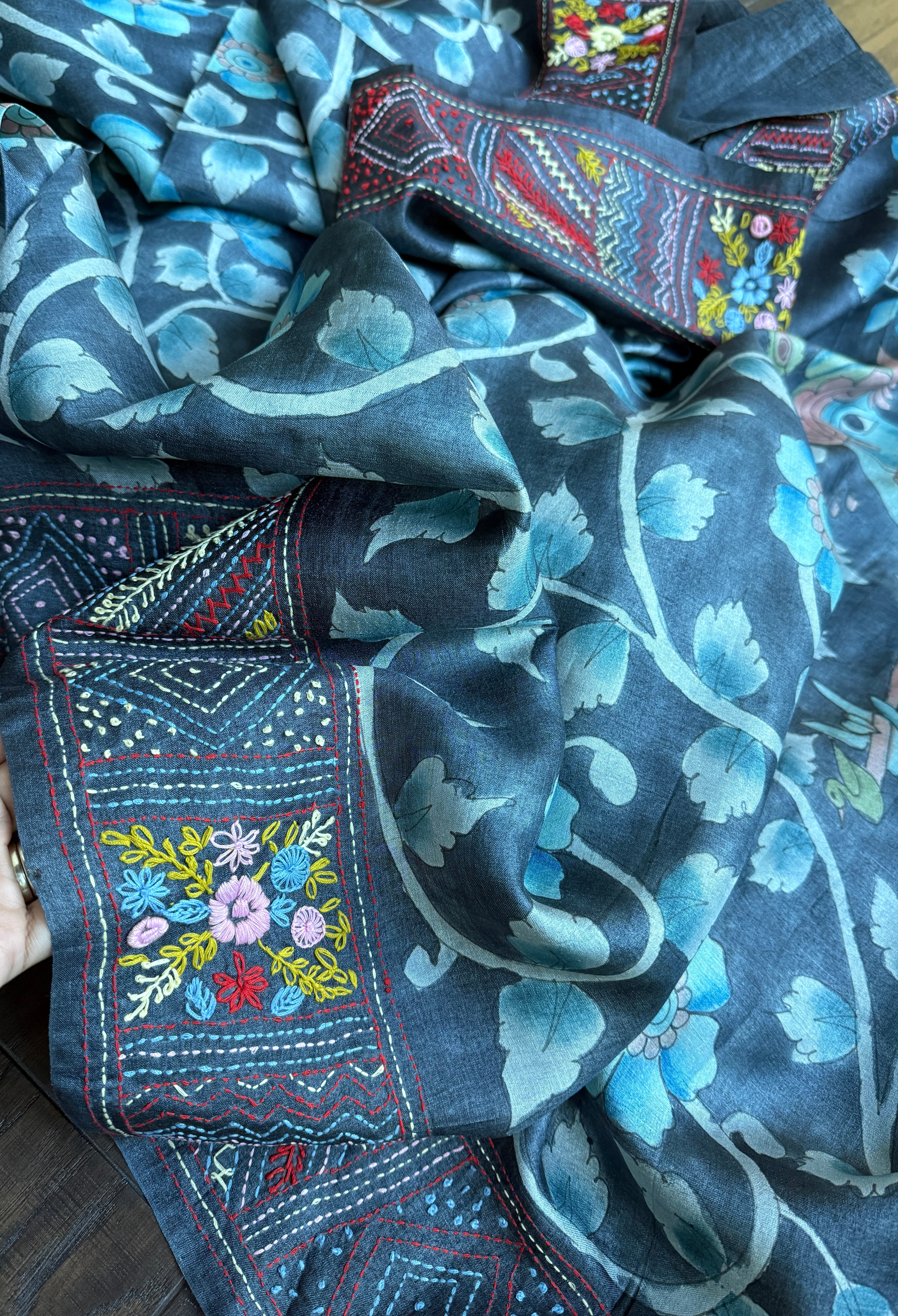 Tussar Silk Pen Kalamkari - Grey Hand Embroidered