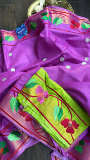 Embroidered Muga Silk - Magenta Purple Paithani