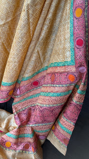 Printed Tussar Silk Kantha Stitch - Light Ochre Yellow