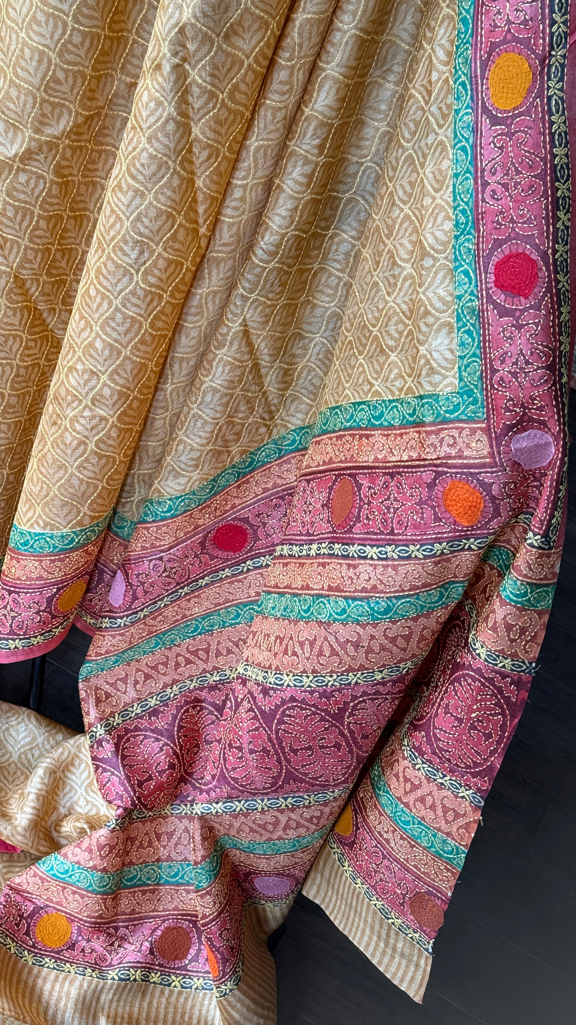 Printed Tussar Silk Kantha Stitch - Light Ochre Yellow