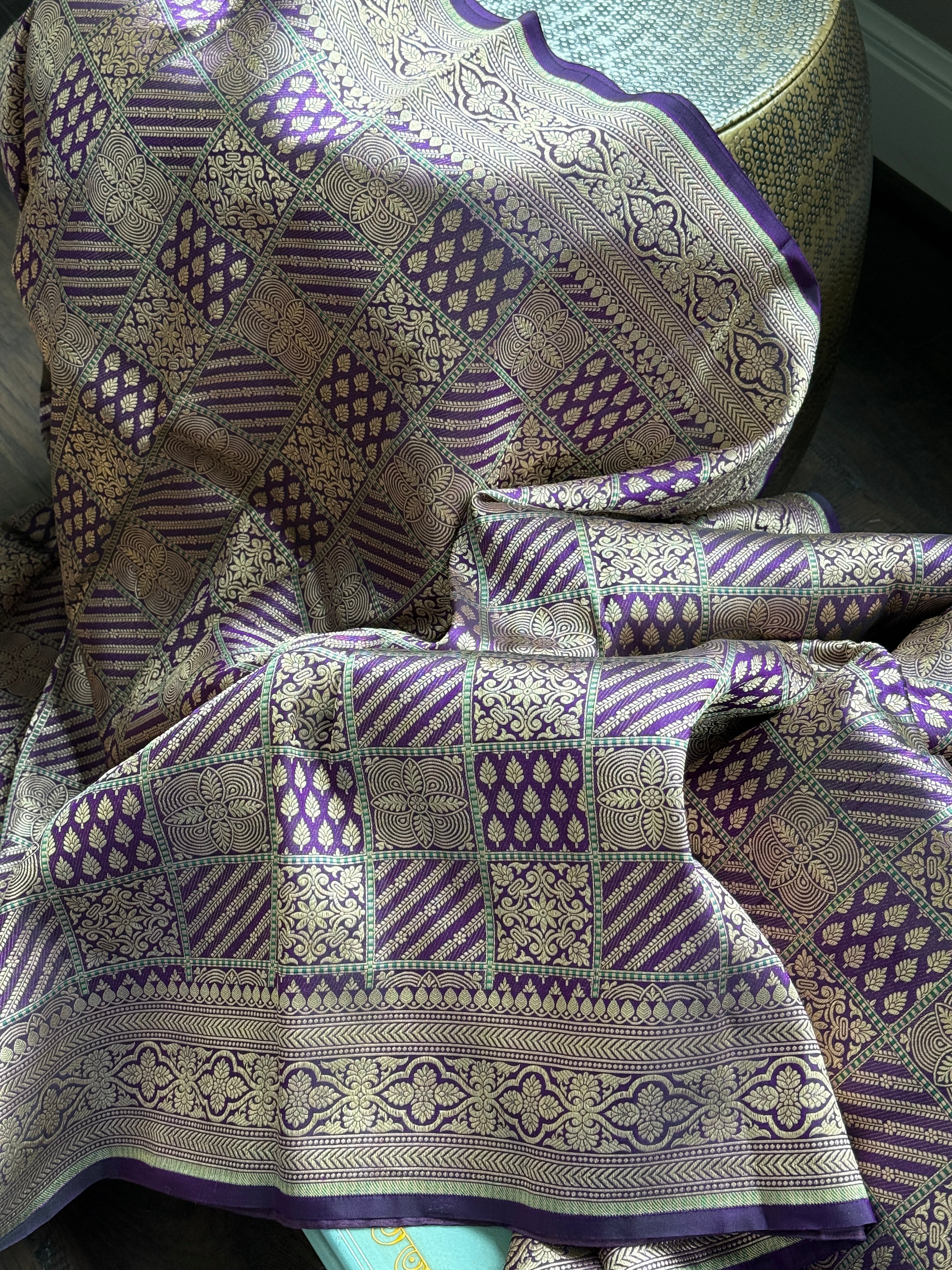 Pure Silk Katan Banarasi- Purple Antique Gold Zari