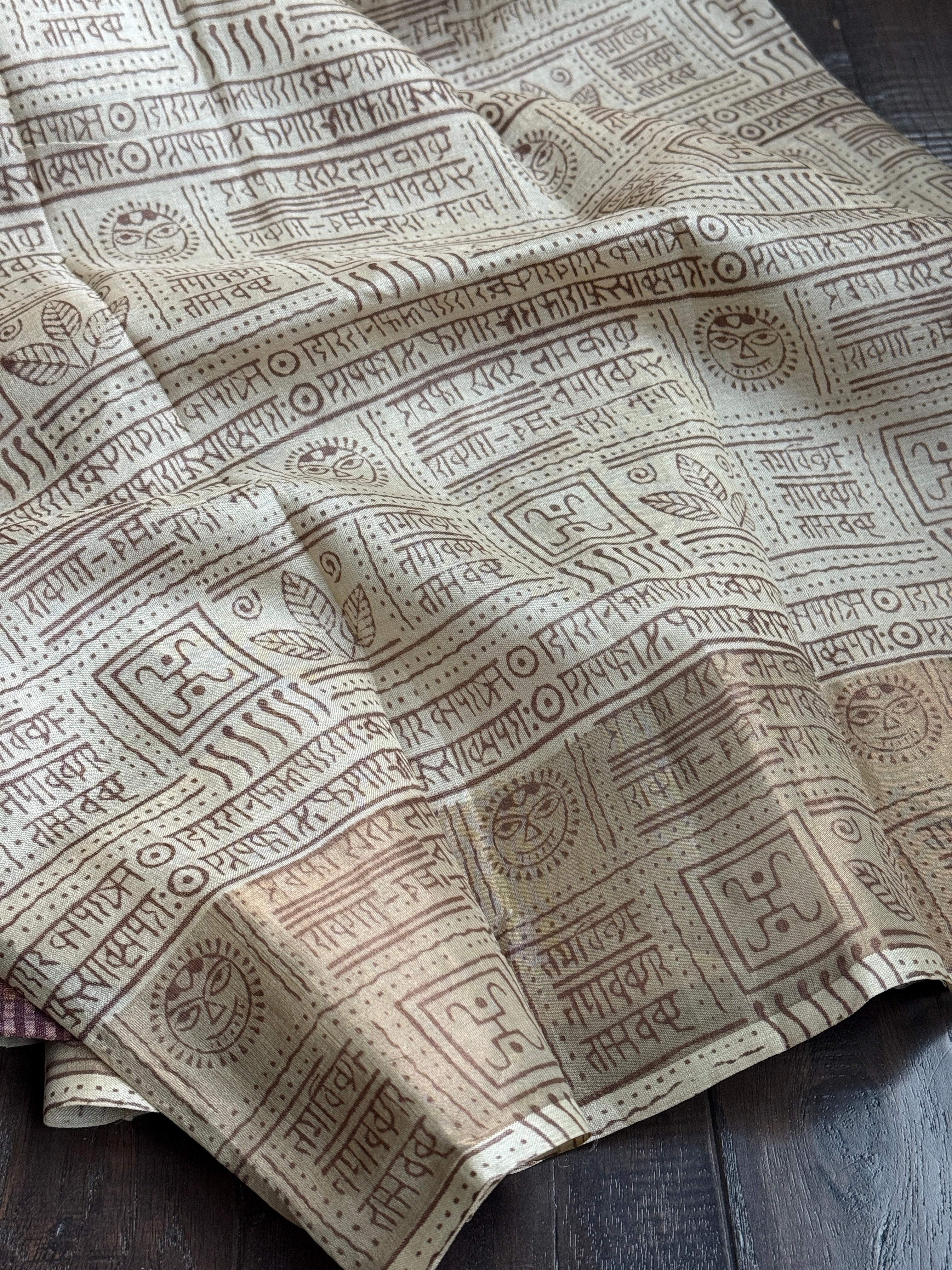 Pure Tussar Silk Script Printed -  Tan Beige Brown