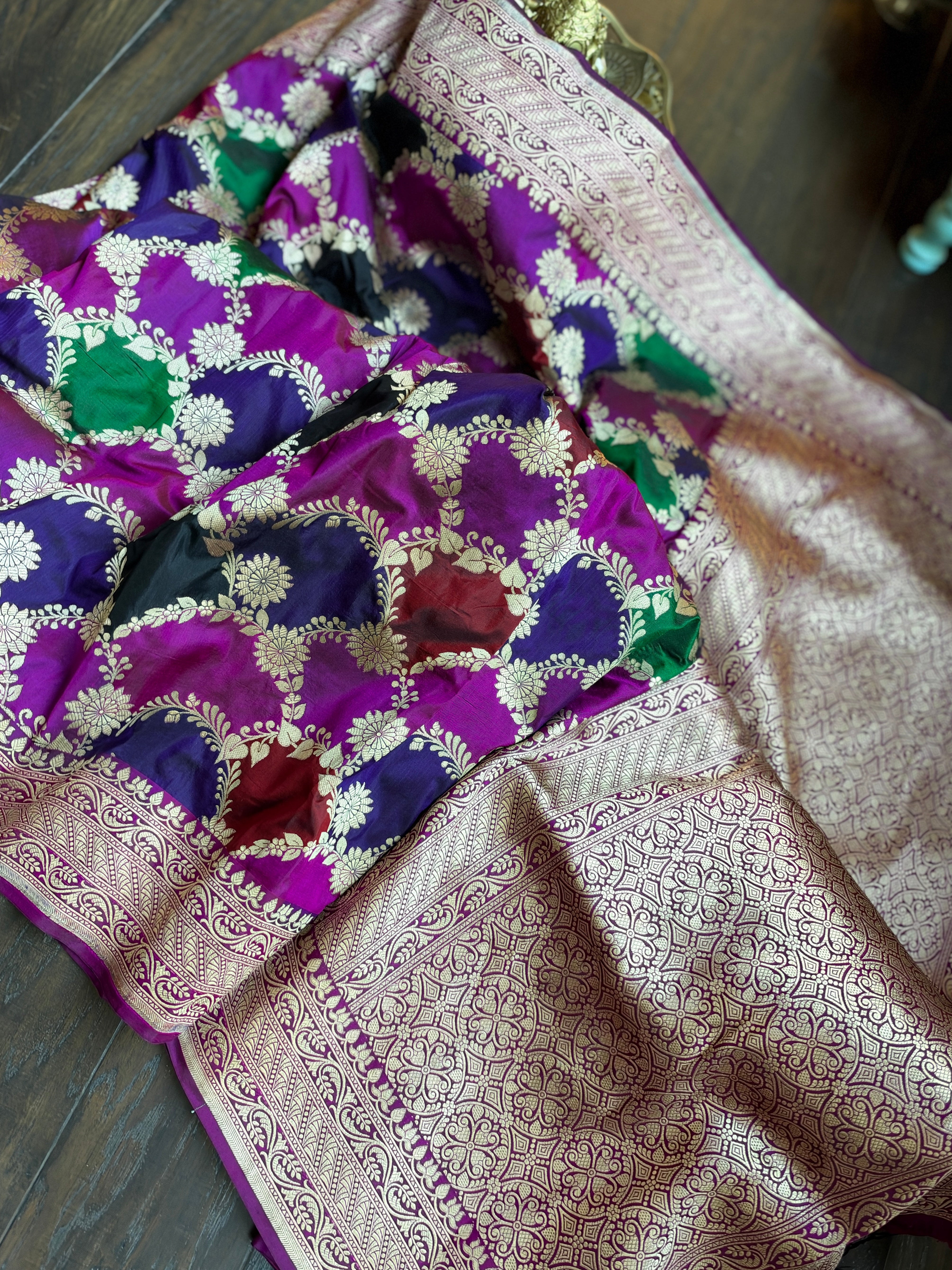 Pure Silk Banarasi - Purple Magenta Maroon Green
