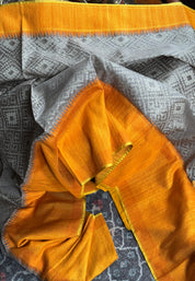 Kora Tussar Jamdani Banarsi - Grey Orange Golden Zari