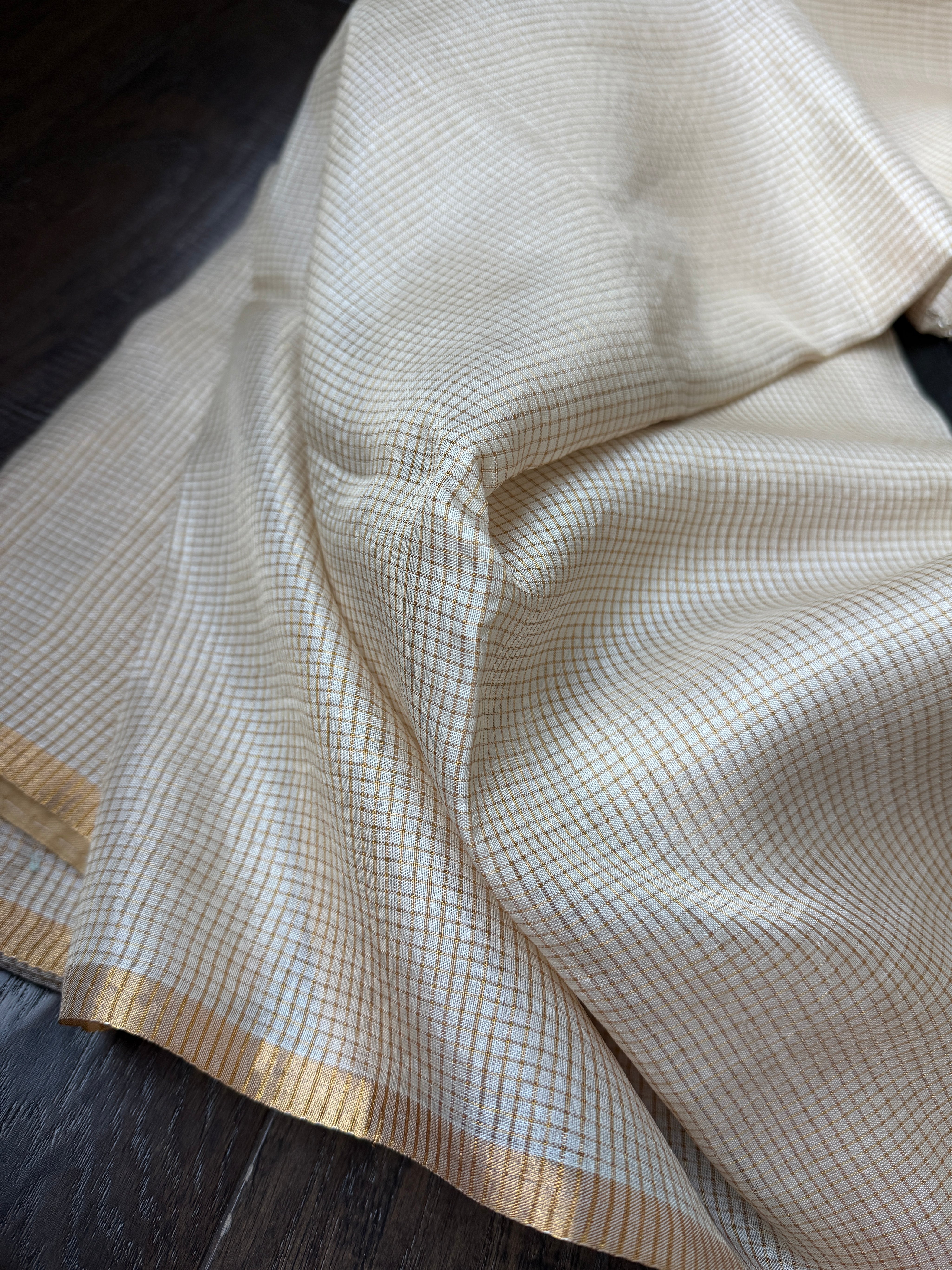Pure Tussar Silk - Beige Golden Zari Checks