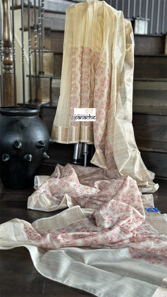 Cotton Silk Banaras Chanderi - Beige Maroon Embroidered