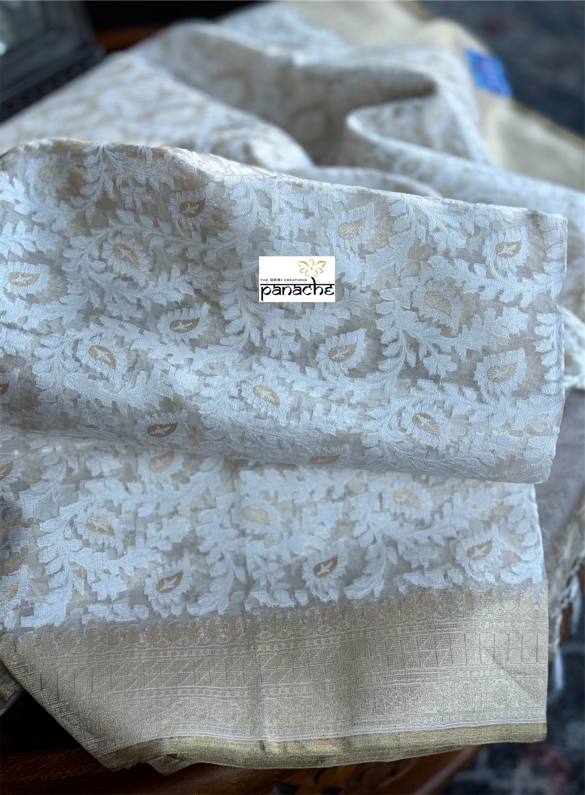 Pure Tissue Kora Silk Banarasi - Off White Golden Antique Zari