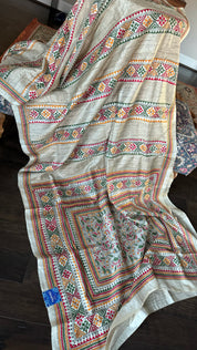 Pure Tussar Silk Kantha Stitch - Beige Multi color