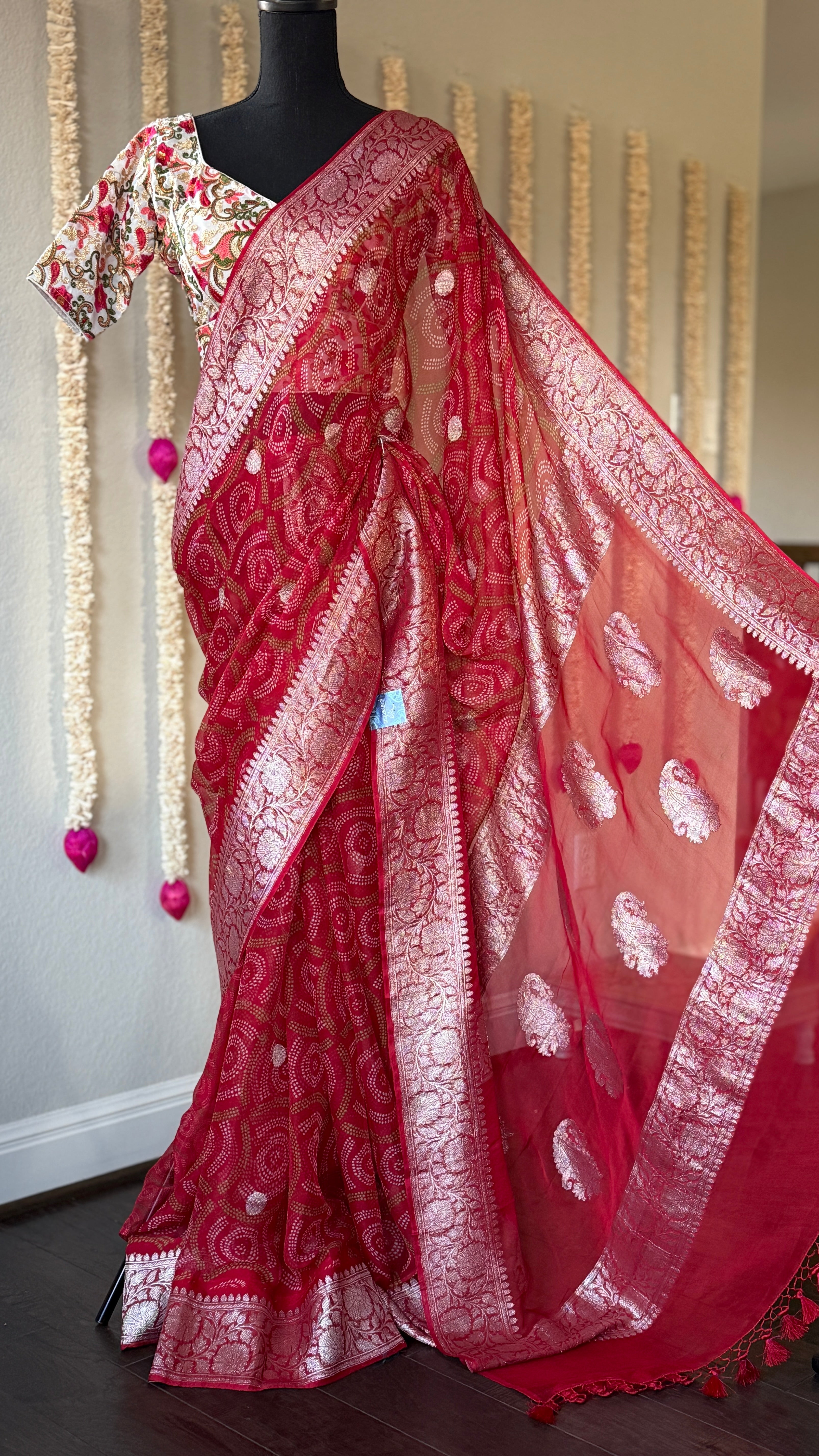 Khaddi Chiffon Banarasi - Red Bandhej Printed