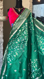 Pure Chanderi Silk - Green Silver Zari