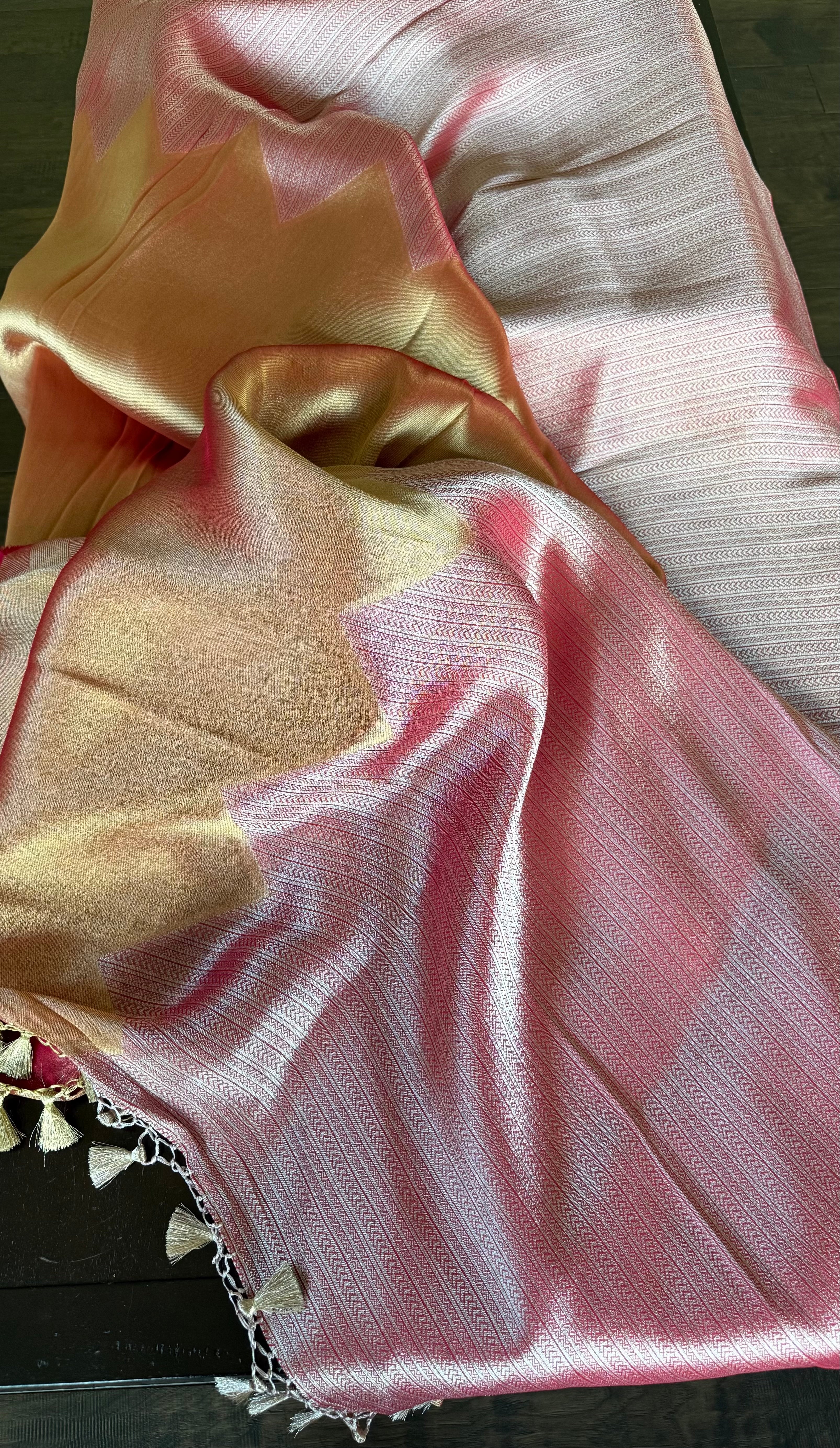 Designer Soft Silk Brocade Banarasi - Peach Pink Golden