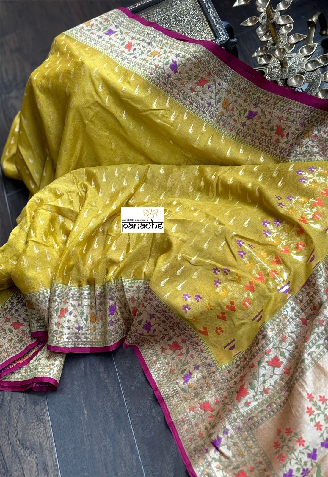 Khaddi Georgette Banarasi - Ochre Yellow Mahenta Paithani