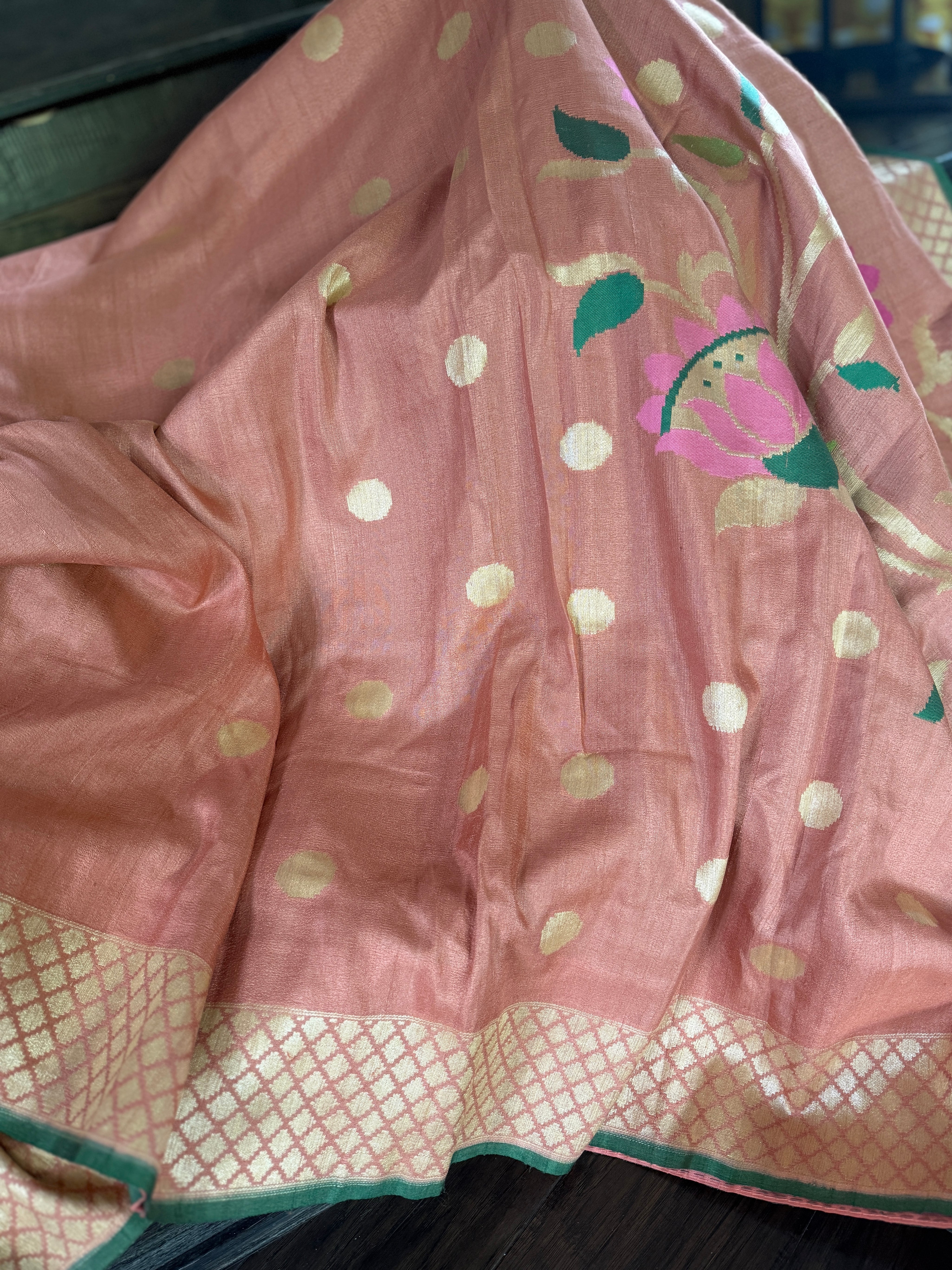 Khaddi Tussar Banarasi -  Gajri Pink Green Paithani