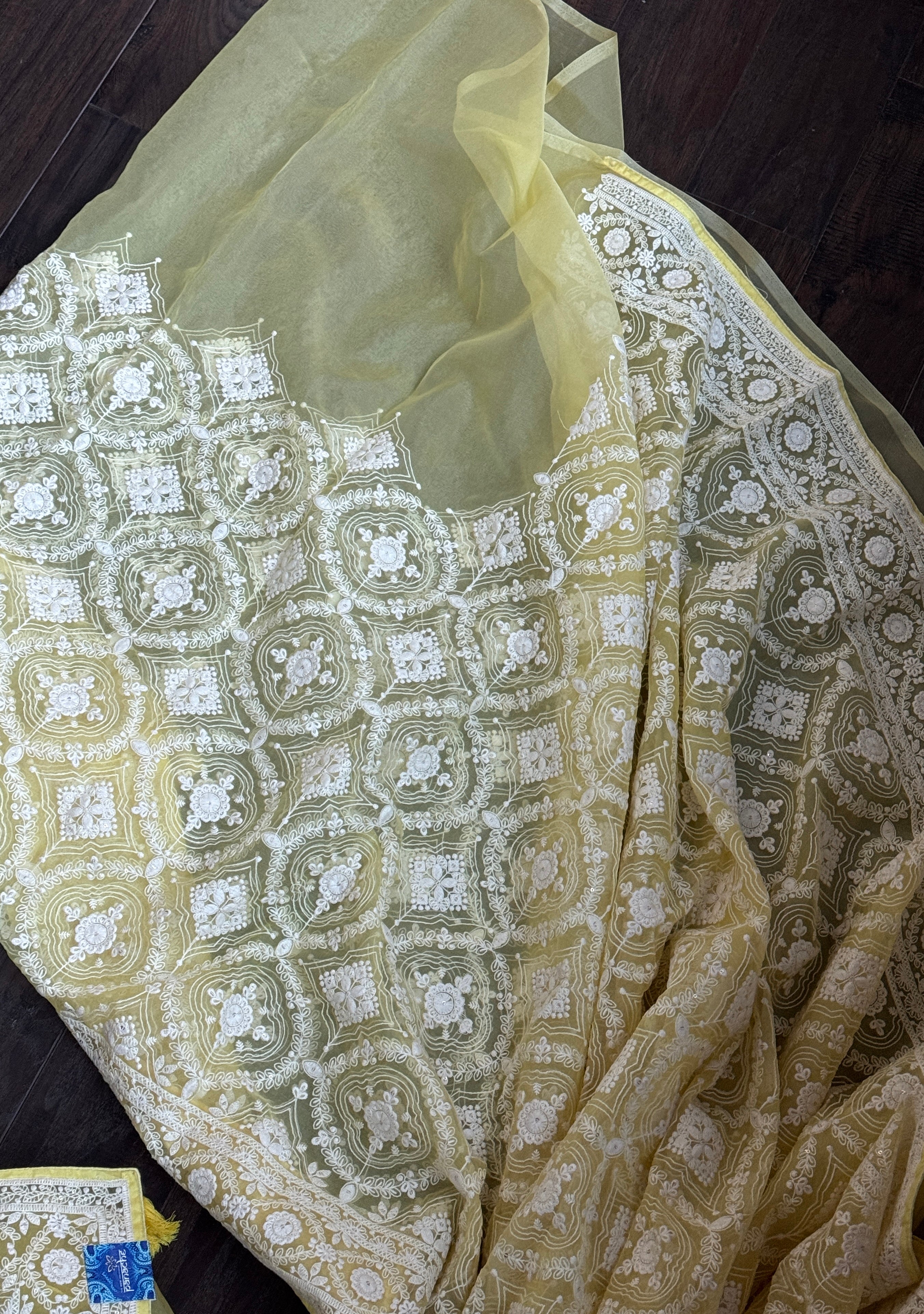 Designer Organza - Lemon Yellow Chikankari