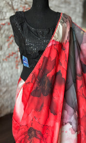 Designer Satin Silk - Red Black Marble Print