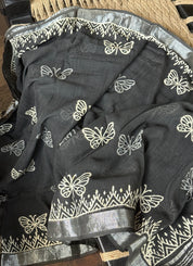 Linen Printed - Black White Silver Zari