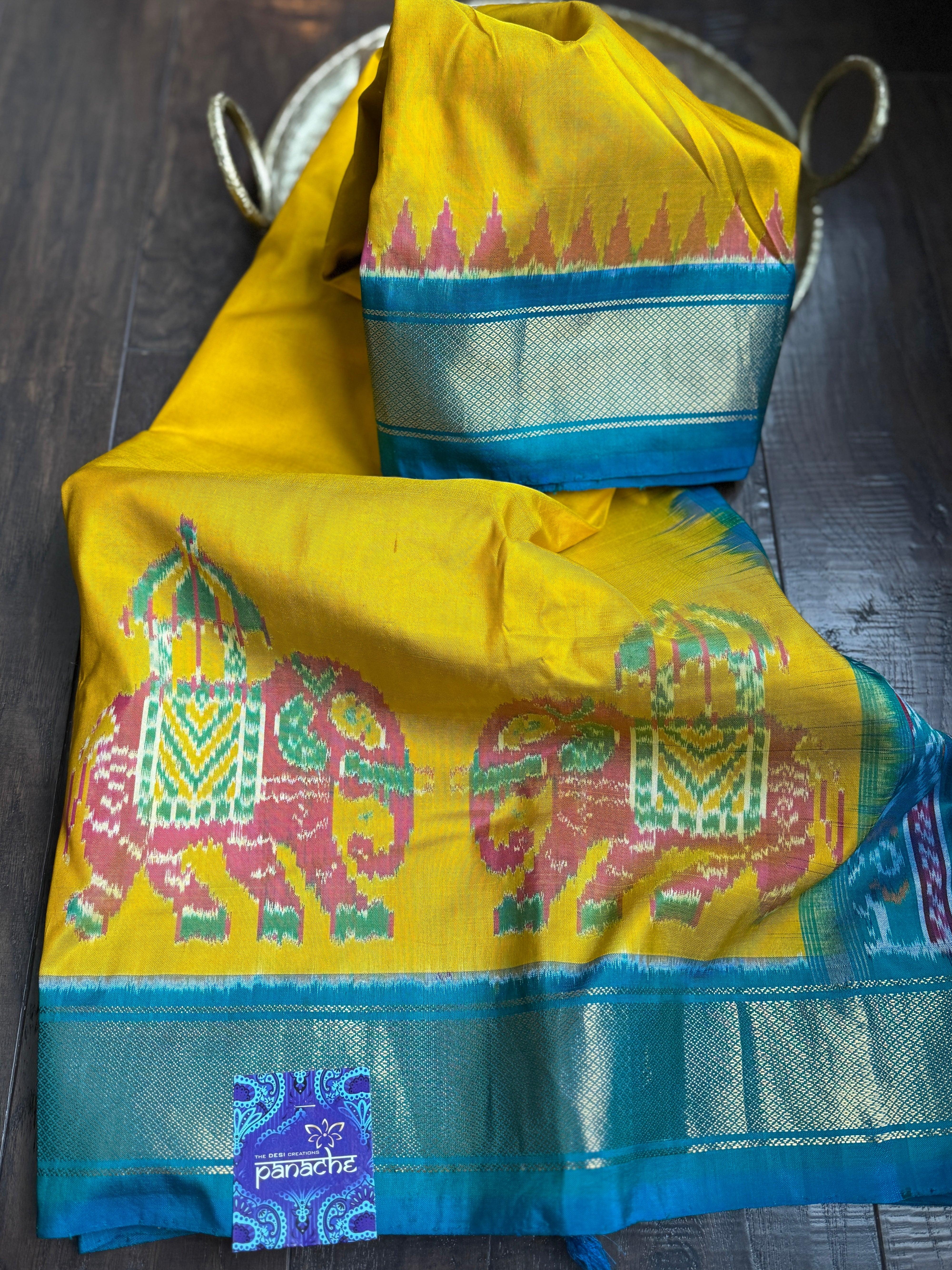 Pure Silk Ikat - Yellow Firozi Pochampally