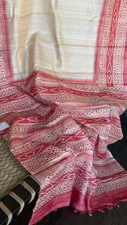 Pure Tussar Silk Hand Block Printed - Beige Red