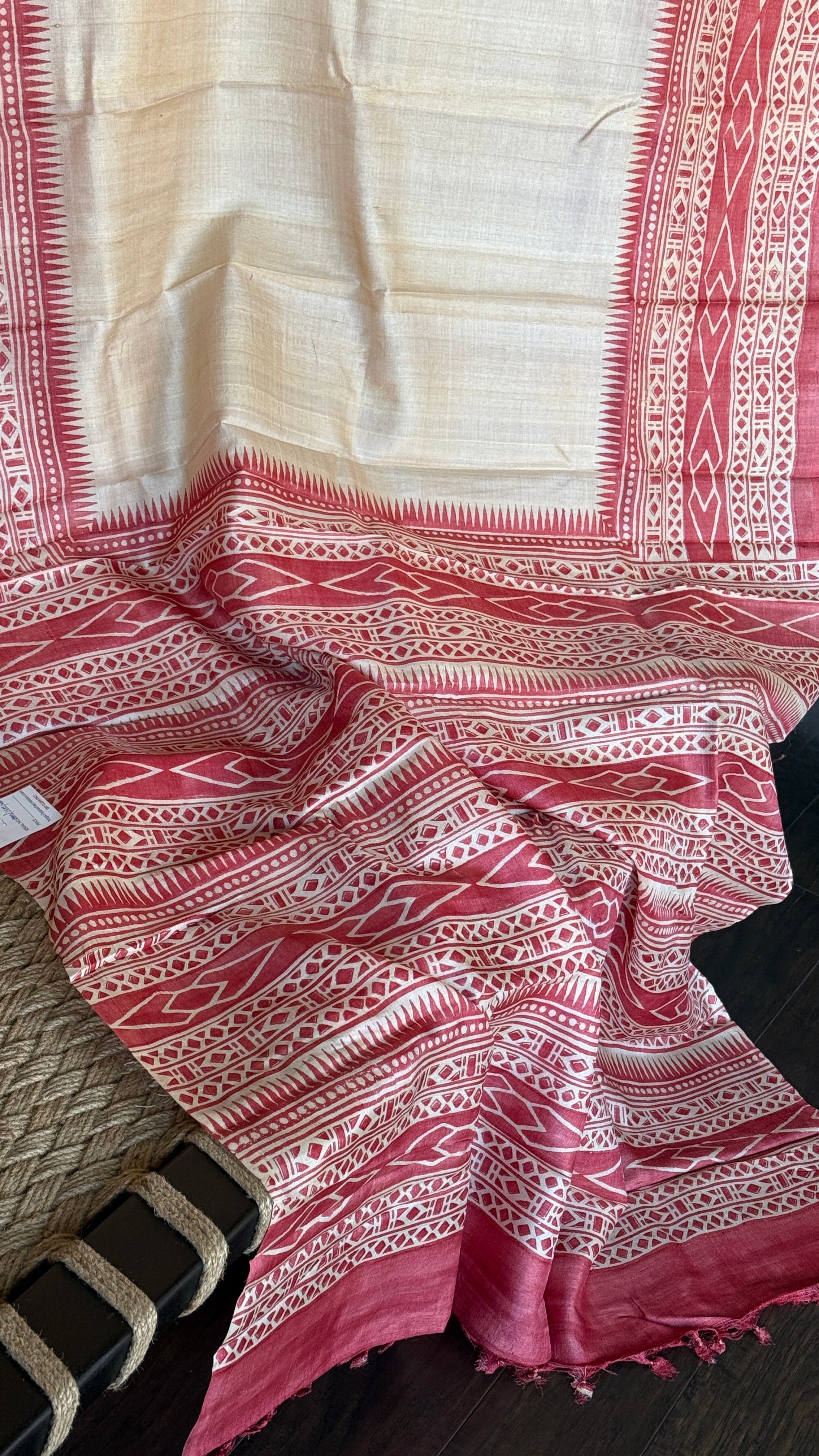 Pure Tussar Silk Hand Block Printed - Beige Red