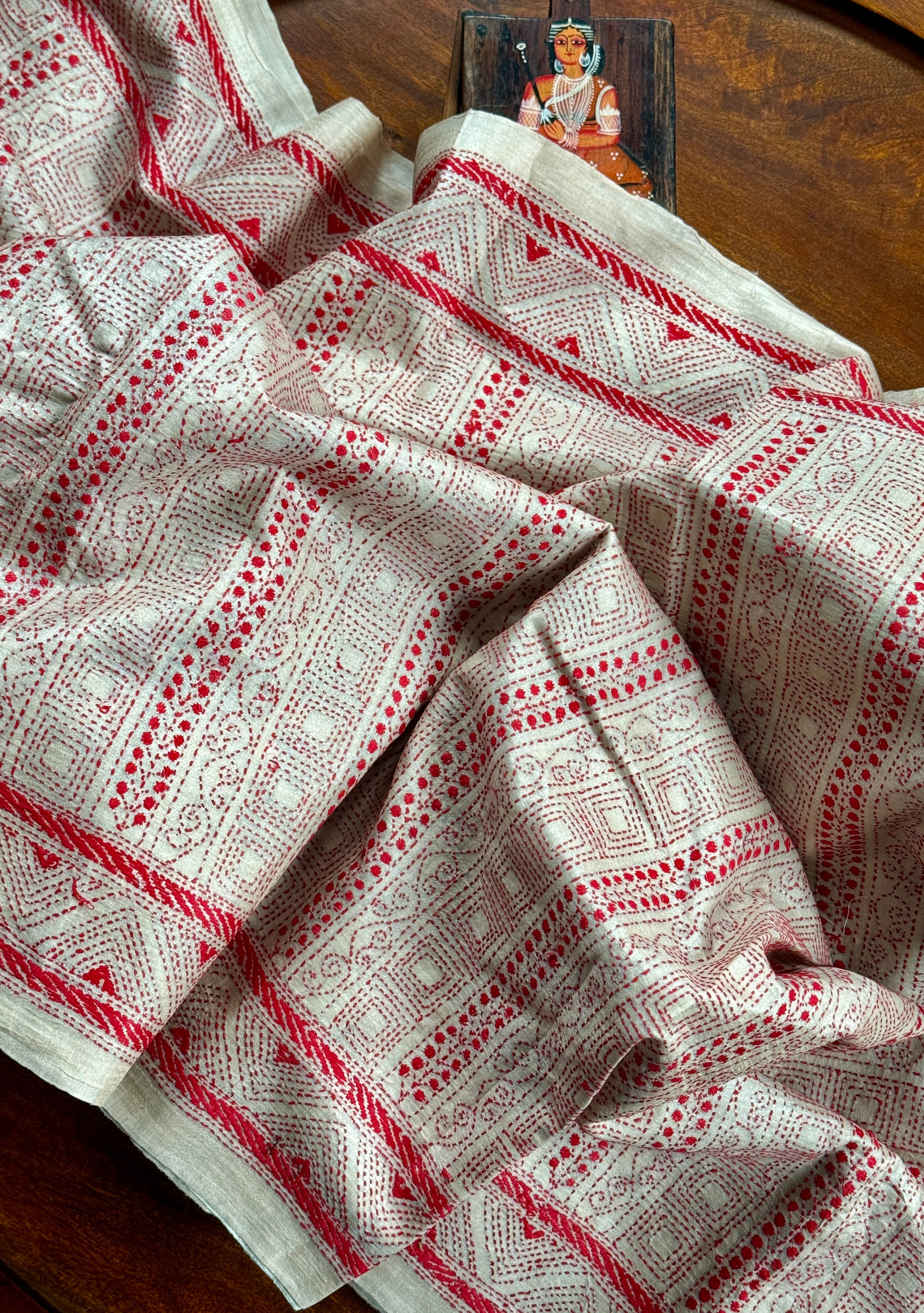 Pure Tussar Silk Kantha Stitch -  Beige Red