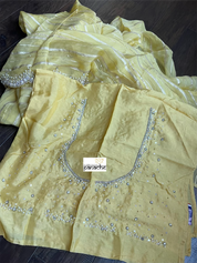 Designer Georgette Organza Hand Embroidered - Light Yellow