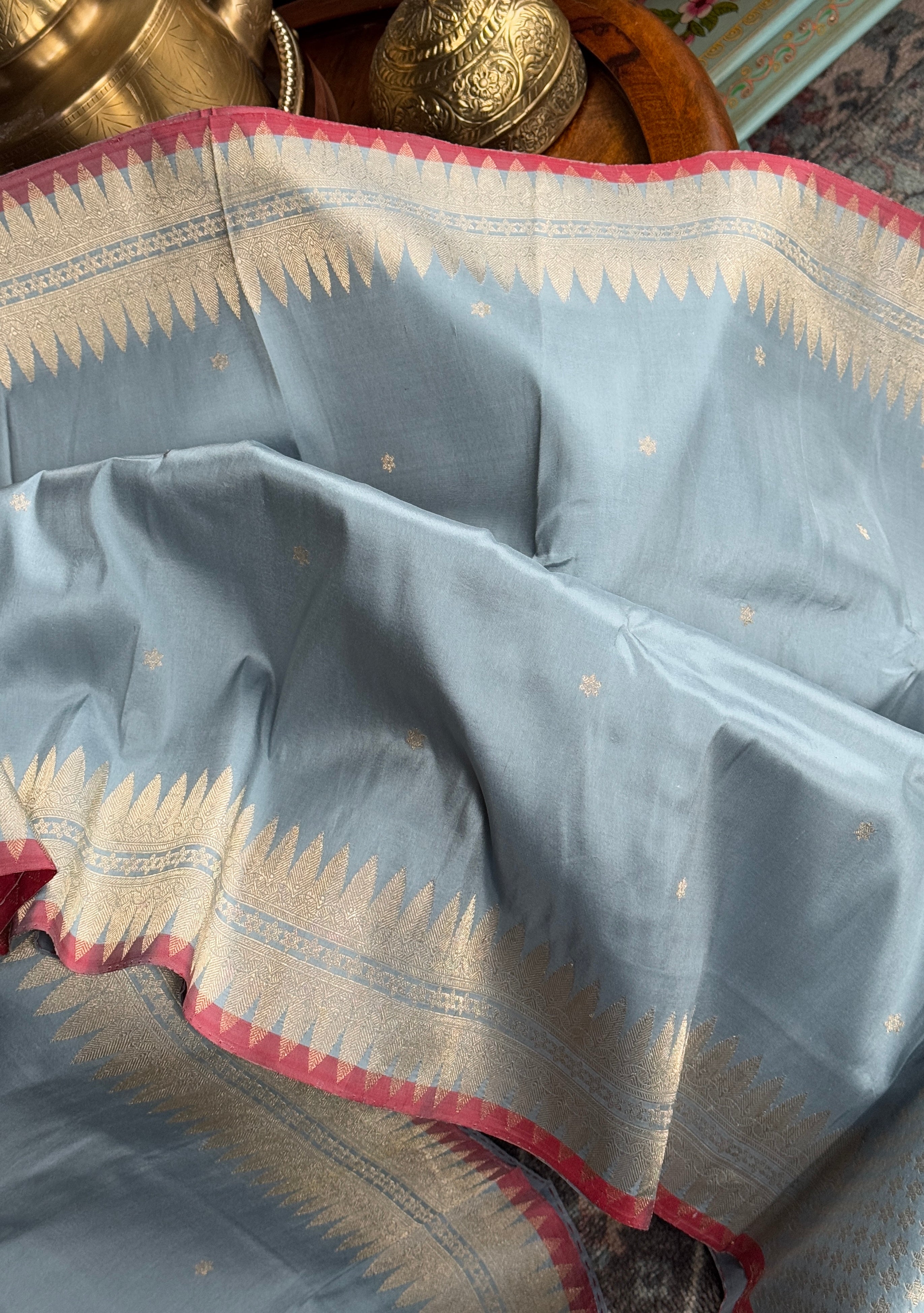 Katan Silk Banarasi - Soft Blue Grey Red Kadhua