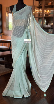 Designer Georgette Organza - Mint Hand Embroidered