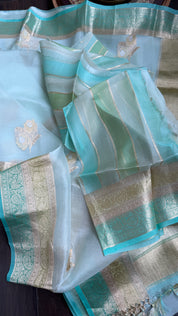 Kora Silk Banarsi - Mint Blue Kadwa