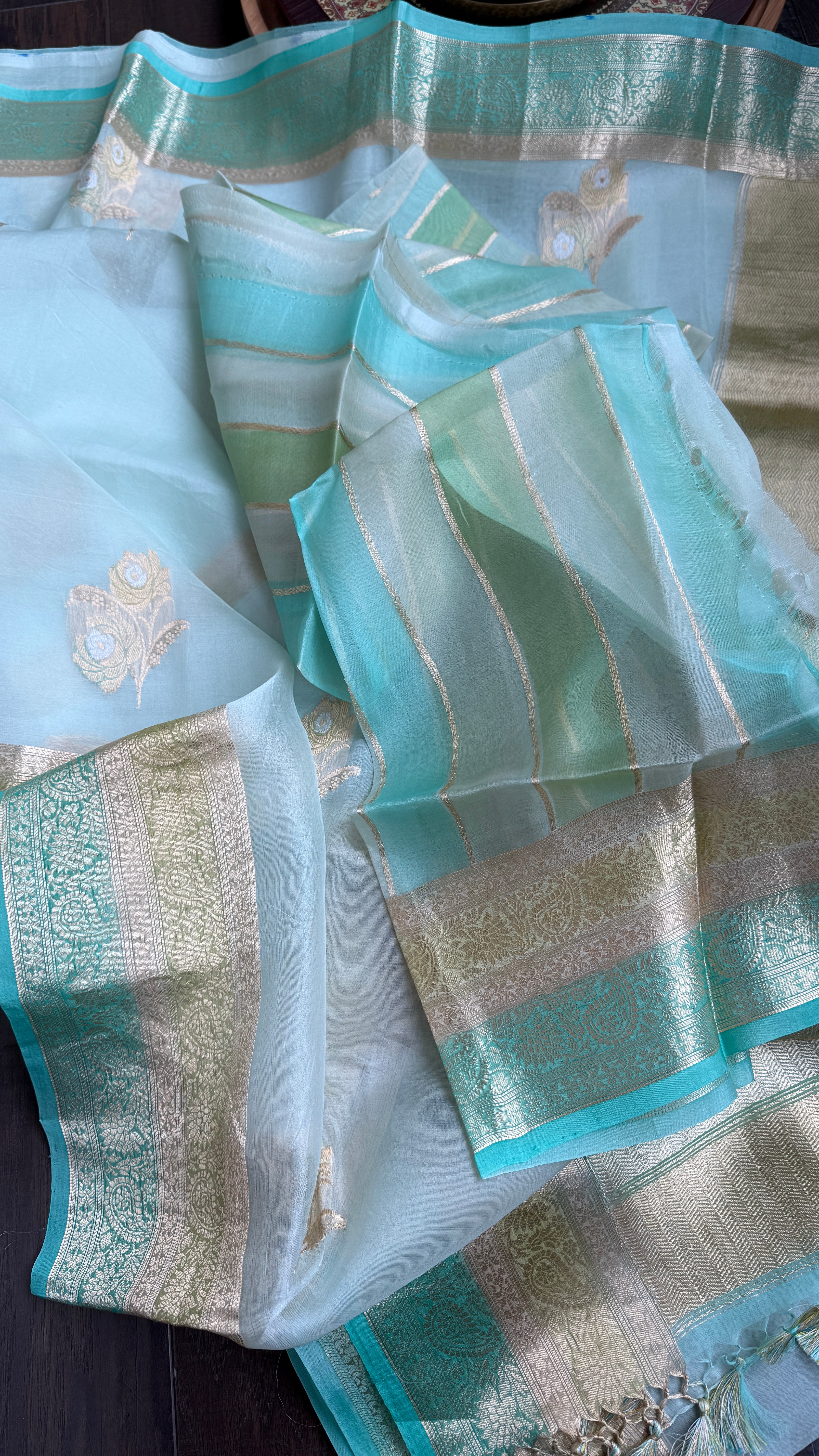 Kora Silk Banarsi - Mint Blue Kadwa