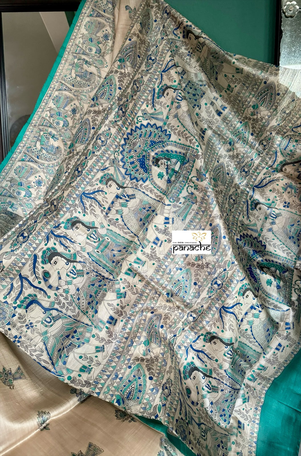 Pure Tussar Silk - Beige Blue Madhubani