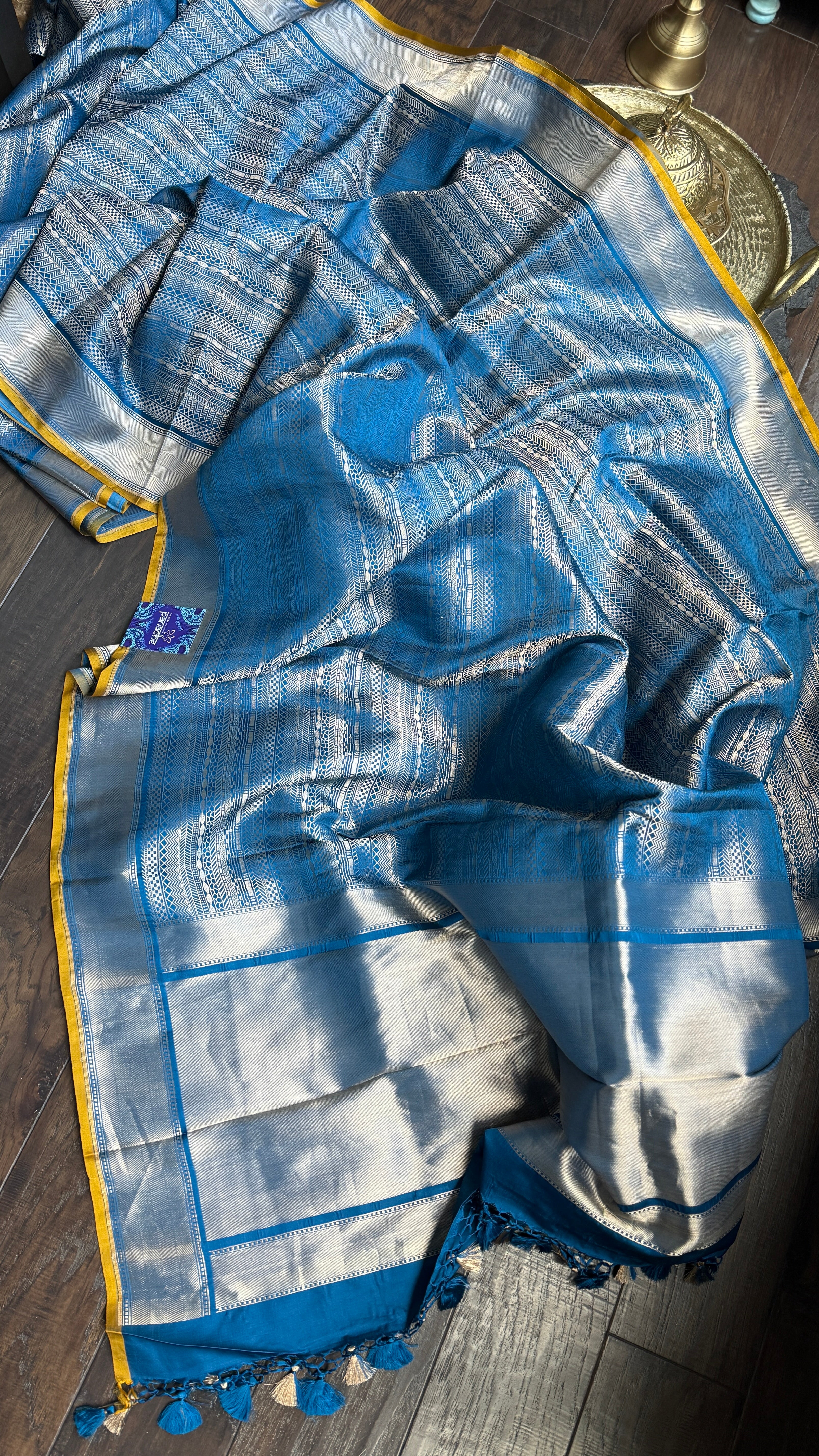 Pure Silk Brocade Banarasi- Blue Yellow
