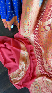 Khaddi Georgette Banarasi - Blue Peach Orange Hand Brush Painted