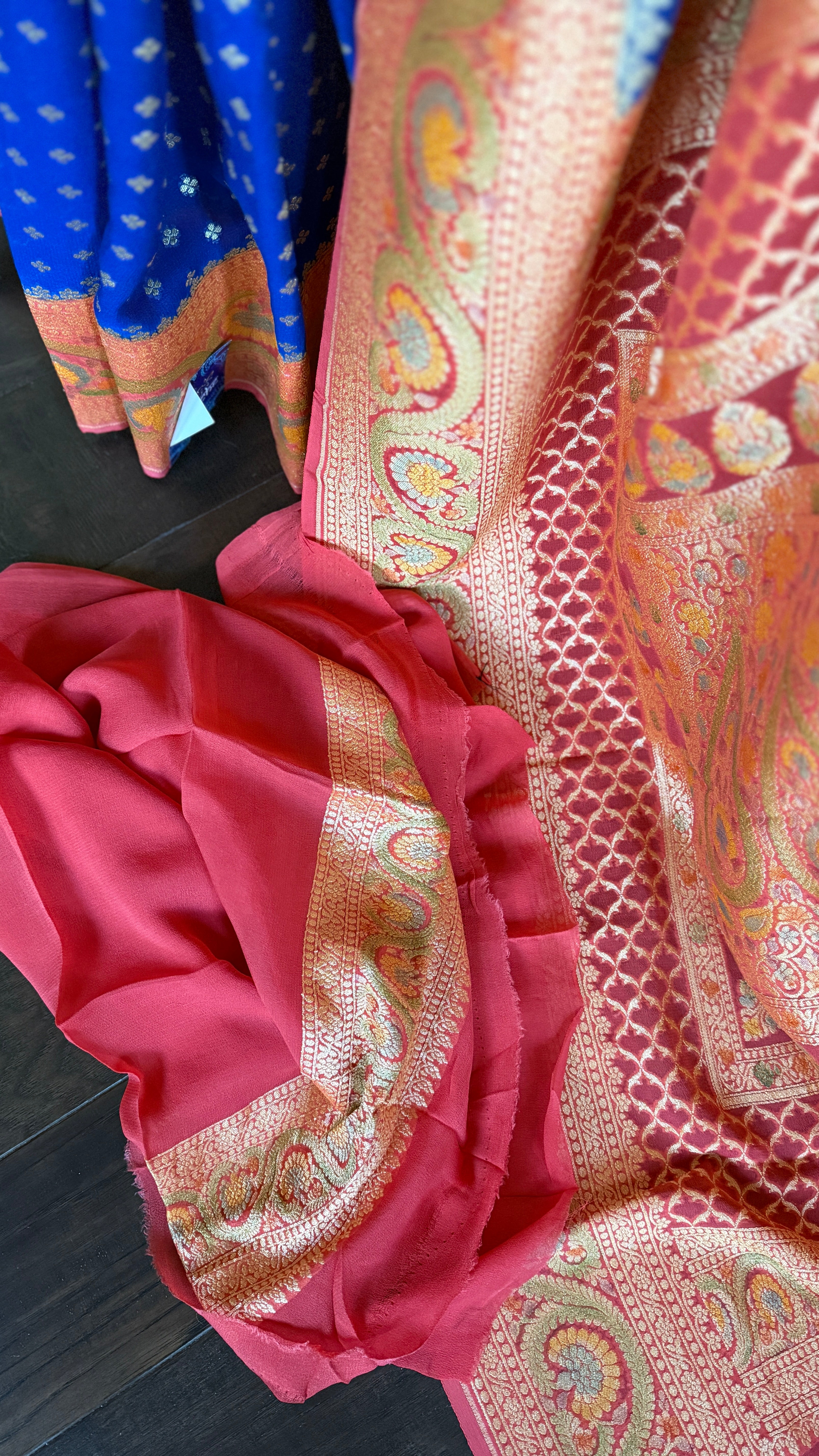 Khaddi Georgette Banarasi - Blue Peach Orange Hand Brush Painted