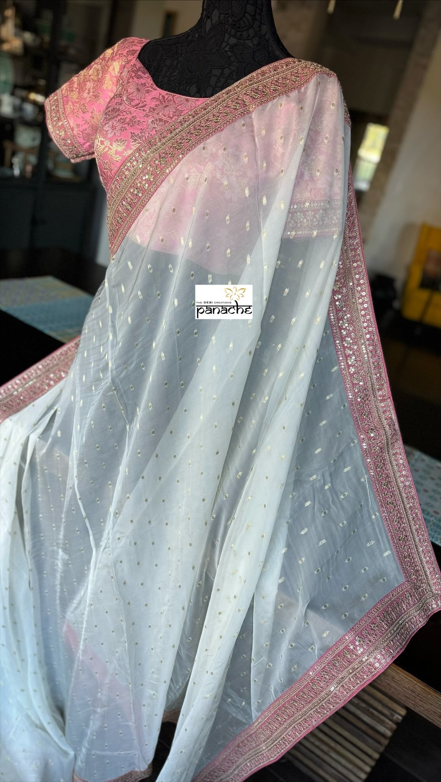 Designer Saree Blouse Pair - Off White Pink