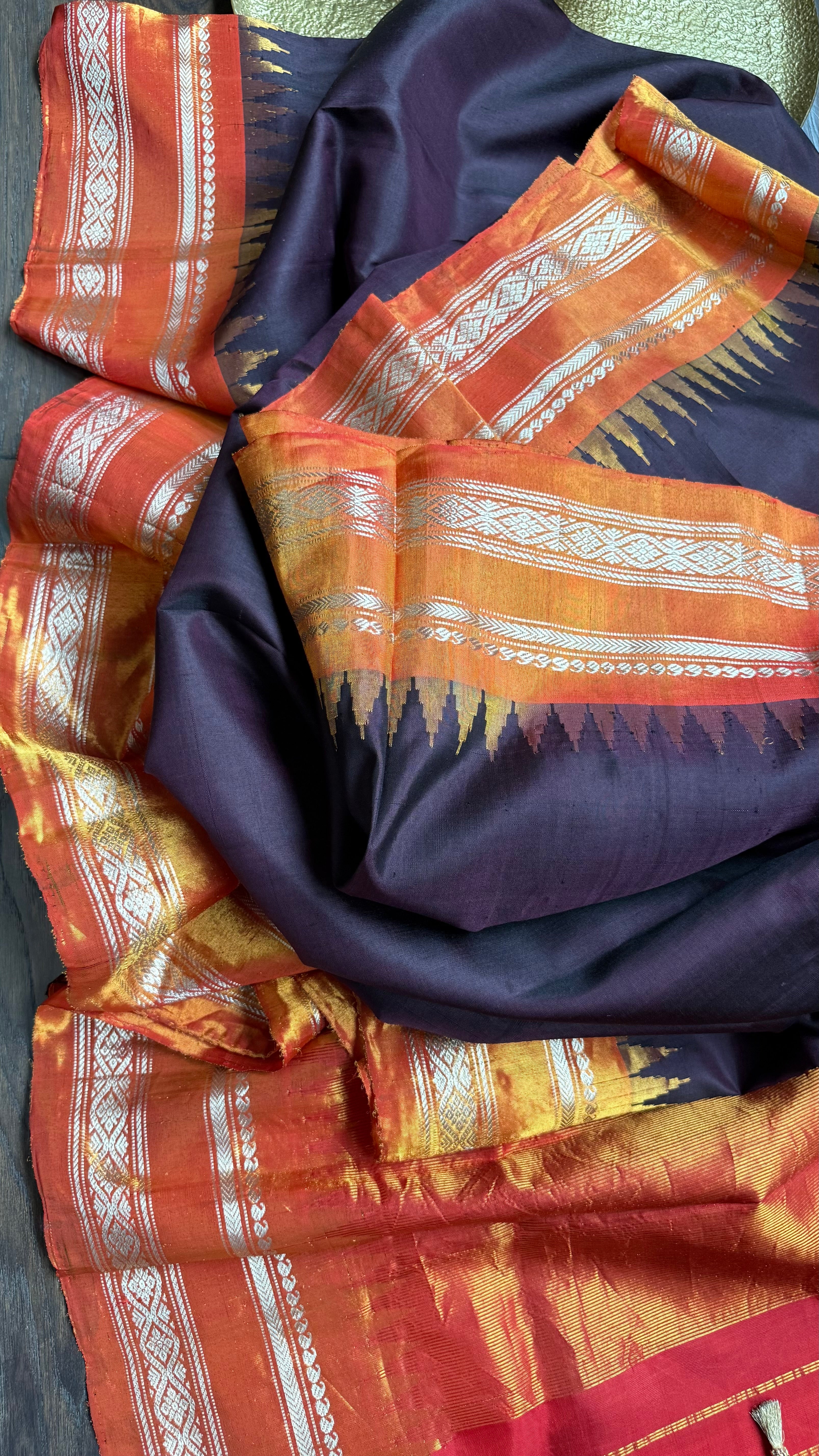 Pure Silk Kuttu Gadwal - Dark Chocolate Brown Orange
