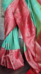 Pure Tassur Silk Banarasi - Sea Green Red